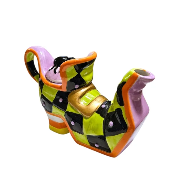 Ceramic Halloween Witch's Boot Teapot Spider Lid Harlequin Check Whimsical Decor - Picture 9 of 16